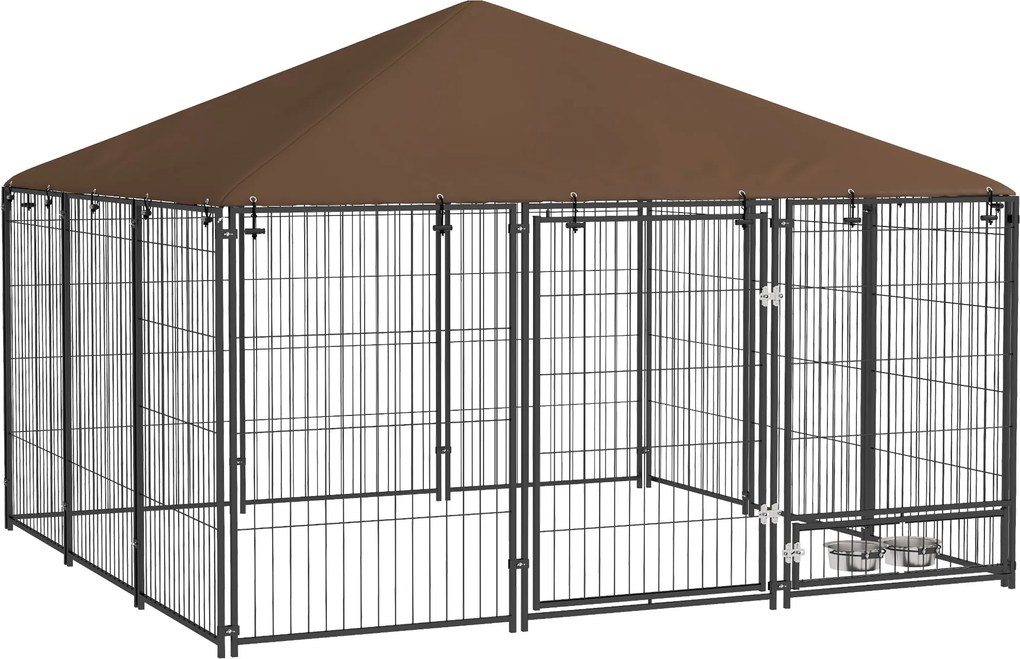 PawHut vonkajší výbeh pre psov s prístreškom, kovová klietka pre domáce zvieratá s otáčateľným kŕmidlom a 2 miskami 211x211x151 cm Čierny | Aosom