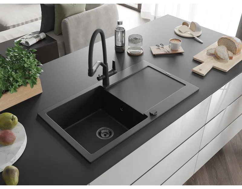Mexen Leo, 1-komorový granitový drez 900x500x190 mm a drezová batéria Duo, čierna, 6501-77-671701-70-B