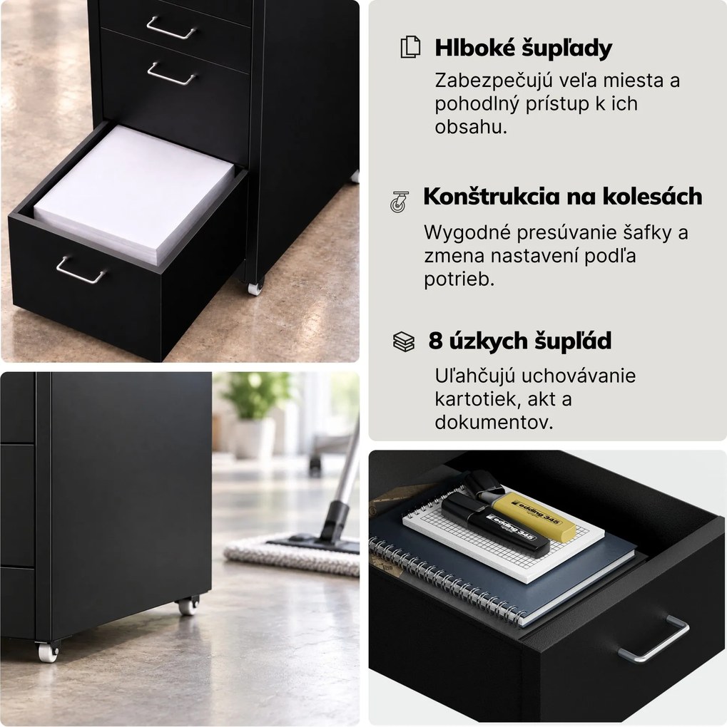 Kartotéková skrinka na kolieskach, kovová, 8 zásuviek, na dokumenty, čierna, 300x1100x600 mm: SARA V8