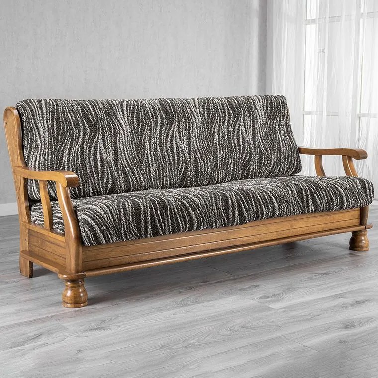 Bielastické poťahy UNIVERSO NOVÉ žíhané čiernobiele trojkreslo s drevenými rúčkami (š. 150 - 200 cm)