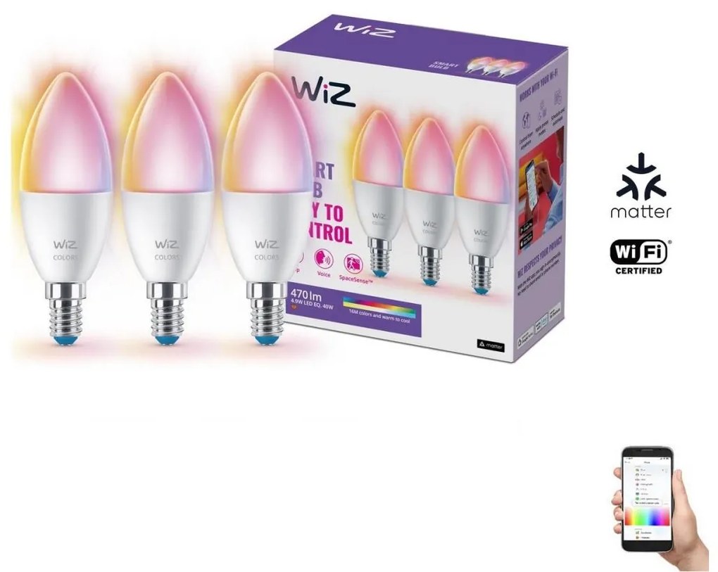 WiZ SADA 3xLED RGBW Stmievateľná žiarovka C37 E14/4,9W/230V 2200-6500K CRI90 Wi-Fi-WiZ WI0126