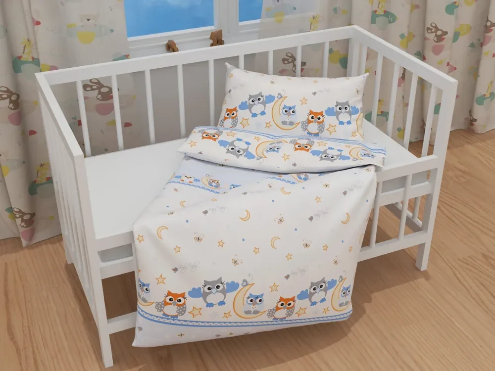 Biante Detské bavlnené posteľné obliečky do postieľky Sandra SA-593 Baby sovy modré Do postieľky 100x135 a 40x60 cm