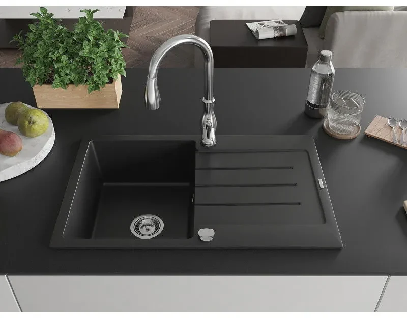 Mexen Bruno, 1-komorový granitový drez 795x495x200 mm a drezová batéria Savita, čierna, 6513-77-672601-00
