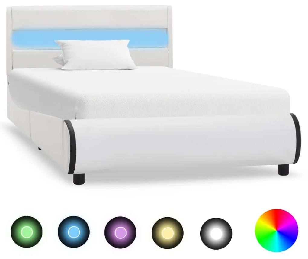 vidaXL Posteľný rám s LED, biely, umelá koža 100x200 cm
