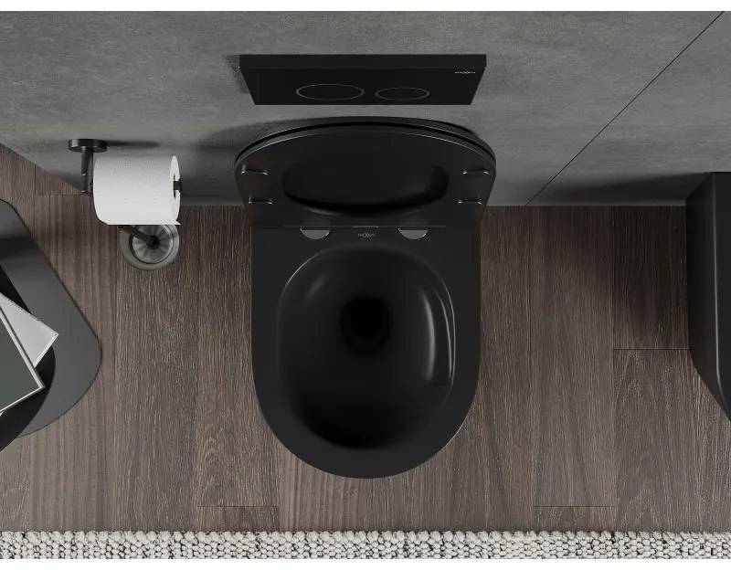 Mexen Rico, závesná WC misa 490x360x370 mm, Rimless Tornádo + WC sedadlo z duroplastu, čierna matná, 30721085T