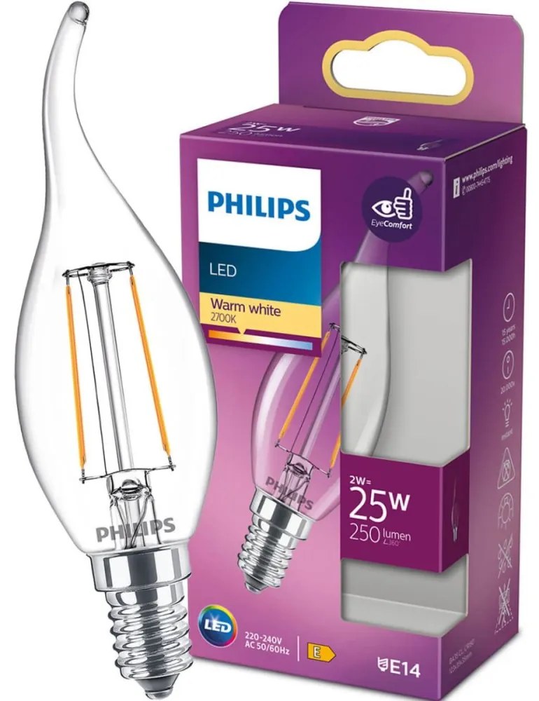 LED žiarovka E14 BA35 2W = 25W 250lm 2700K Warm Filament PHILIPS