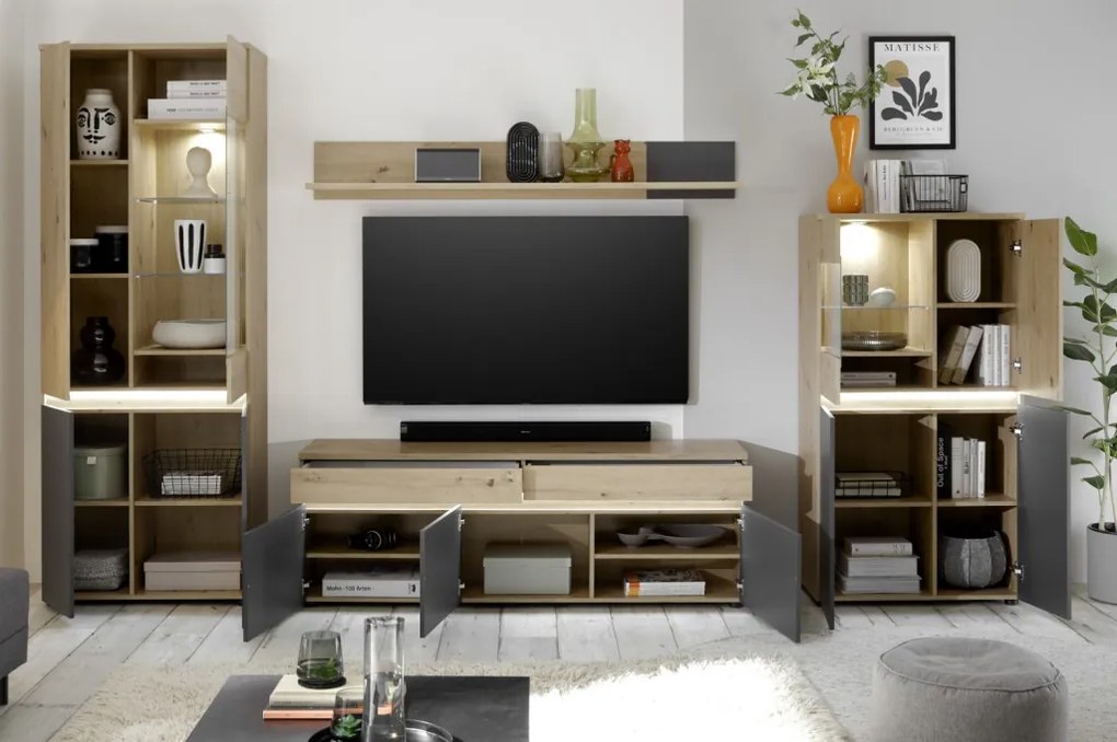 TV skříňka s policí Lille, dub artisan/antracit, s osvětlením