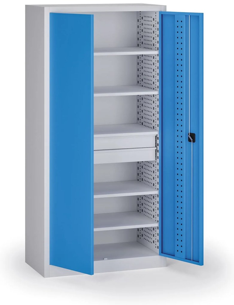 Policová dielenská skriňa 2-dverová, 5 políc + 2 zásuvky, 1950 × 950 × 500 mm, modré dvere