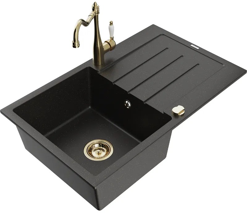 Mexen Bruno, granitový drez 795x495x200 mm, 1-komorový a drezová batéria Carla, čierna-zlatá metalíza, 6513-75-670700-50