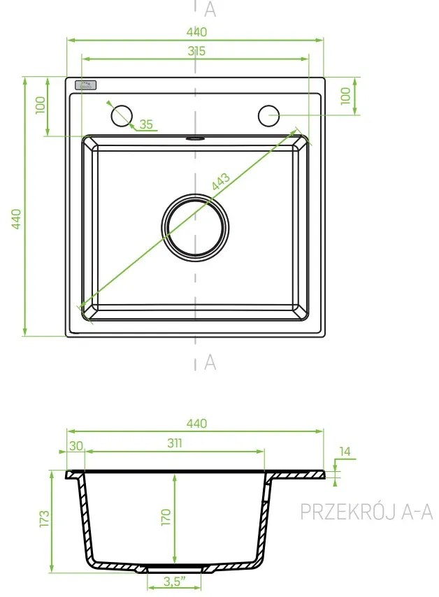 Laveo Trzynastka, 1-komorový granitový drez 440x440x173 mm, čierna škvrnitá, LAV-SBP_710T