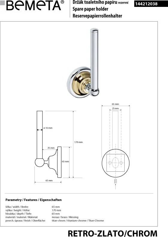 Bemeta Design RETRO gold-chrom: Držiak toaletného papiera, rezervný - 144212038