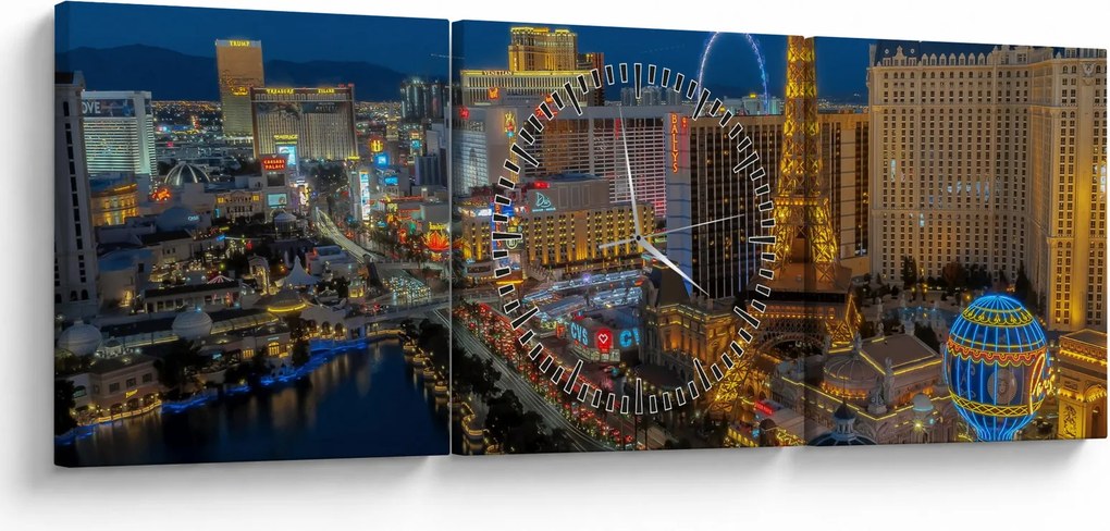 Obraz nočného Las Vegas (s hodinami) (90x30 cm)