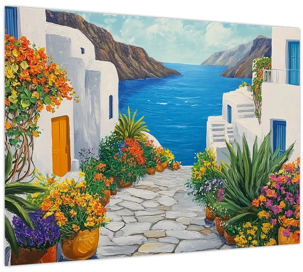 Sklenený obraz - Grécka ulička (70x50 cm)