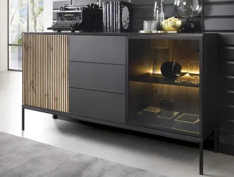 Komoda so zásuvkami Sento, čierna/dub wotan, s osvetlením%