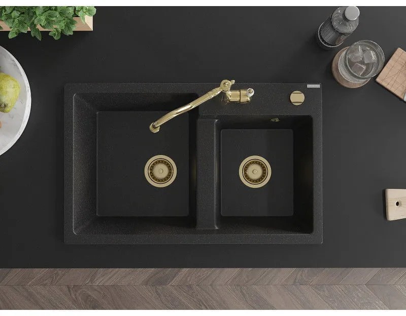 Mexen Tomas, granitový drez 800x500x190 mm, 2-komorový a drezová batéria Carla, čierna-strieborná metalíza, 6516-73-670700-50