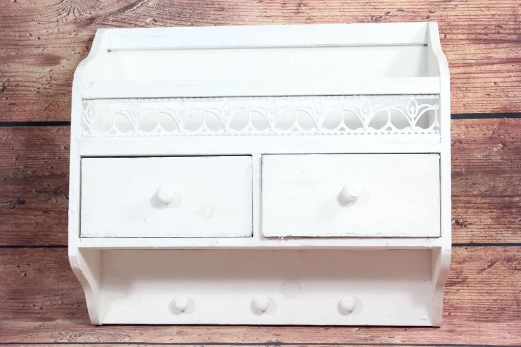 Drevená polička so šuflíkmi - biela (41x36x12 cm)