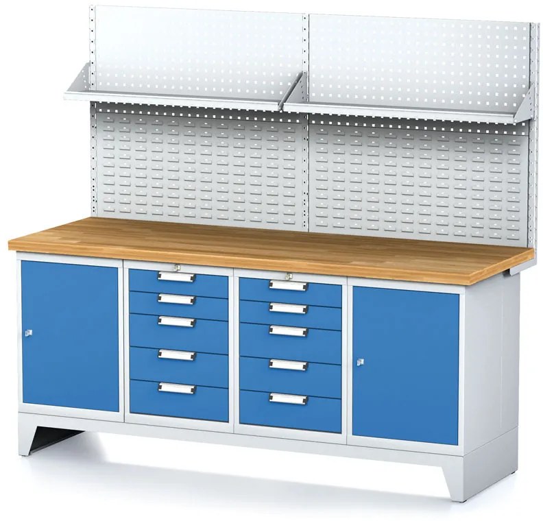 Alfa 3 Dielenský stôl MECHANIC I, perforovaný panel, polica, 2 skrinky a 2 zásuvkové boxy na náradie, 10 zásuviek, 2000x685x880 mm, modré dvere