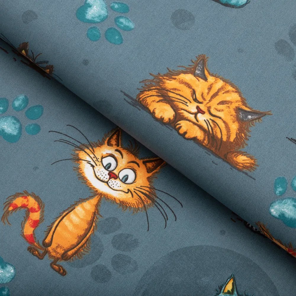 Biante Detský bavlnený behúň na stôl Sandra SA-705 Mačacia partia na tmavo sivomodrom 45x120 cm