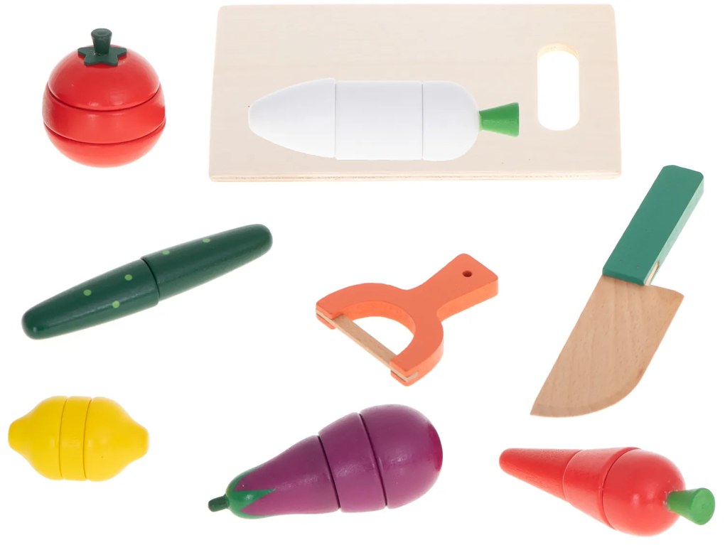 KIK Drevená magnetická zelenina na krájanie – detská sada s doskou, nožom a škrabkou