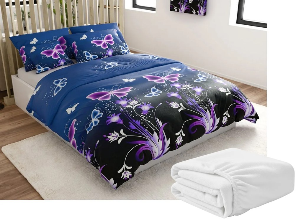 Sada mikroplyšových obliečok VIOLET BUTTERFLY tmavomodré + plachta mikroplyš SOFT 180x200 cm biela, dvojlôžko