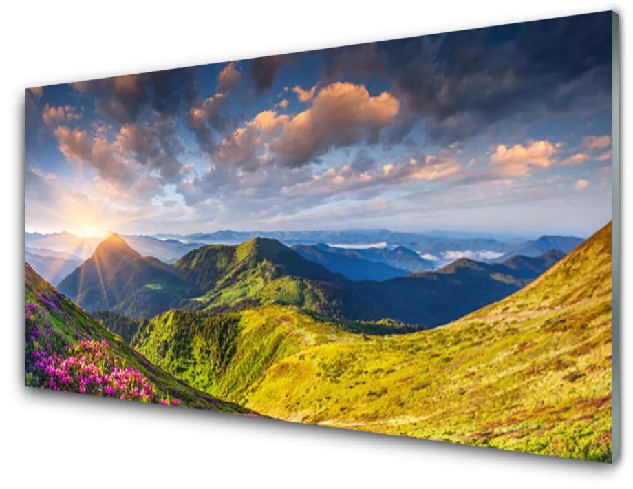 Skleneny obraz Hory slnko lúka krajina 100x50 cm