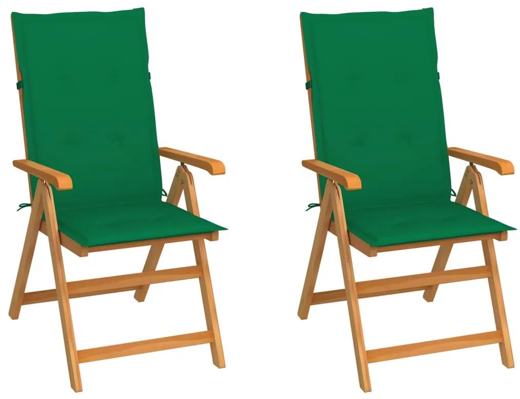 Záhradné stoličky 2 ks so zelenými podložkami tíkový masív