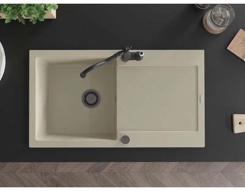 Mexen Leo, granitový drez 900x500x190 mm, 1-komorový a drezová batéria Carla, béžová, 6501-69-670700-70