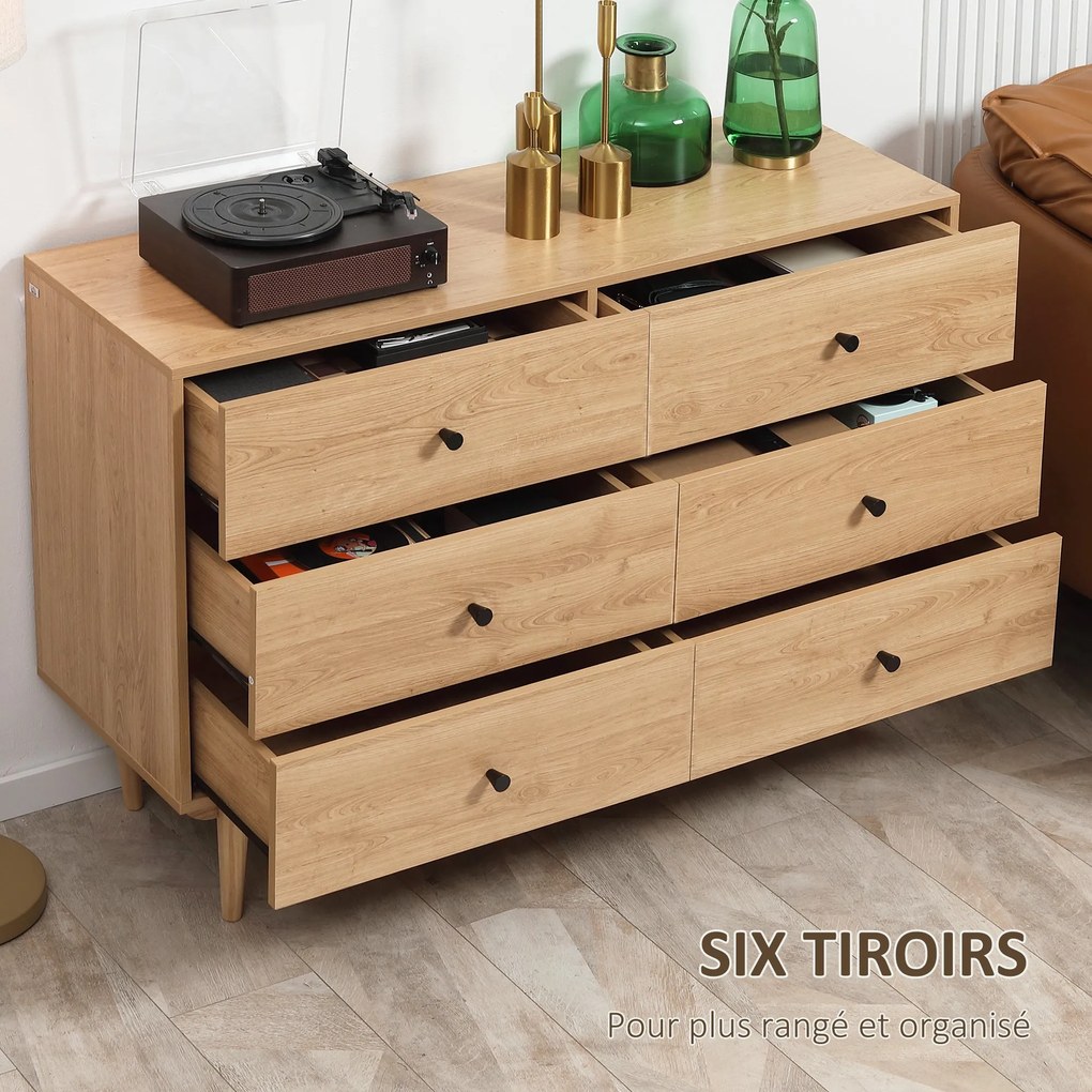 HOMCOM Komoda s 6 Šuplíkmi a Pevnými Drevenými Nohami 120 x 40 x 80 cm Drevená Farba | Aosom