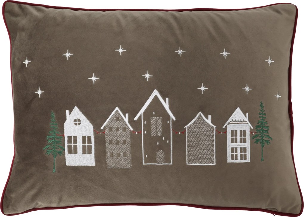 Mocca zamatová obliečka na vankúš Aix s výšivkou domčekov – 50*35 cm