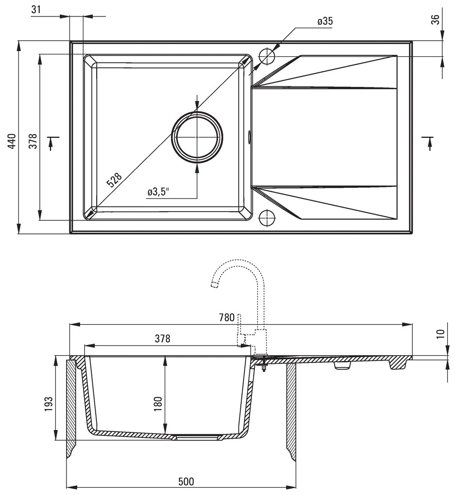 Deante Evora, granitový drez na dosku 780x440x193 mm Z/O, 3,5" + priestorovo úsporný sifón, 1-komorový, grafitová, ZQJ_2113