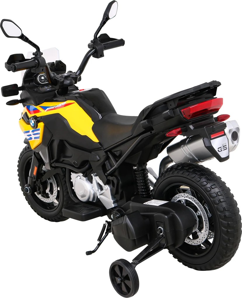 Ramiz BMW F850 GS Detský motocykel na batérie žltý + asistenčné kolesá + LED audio + pomalý štart + EVA