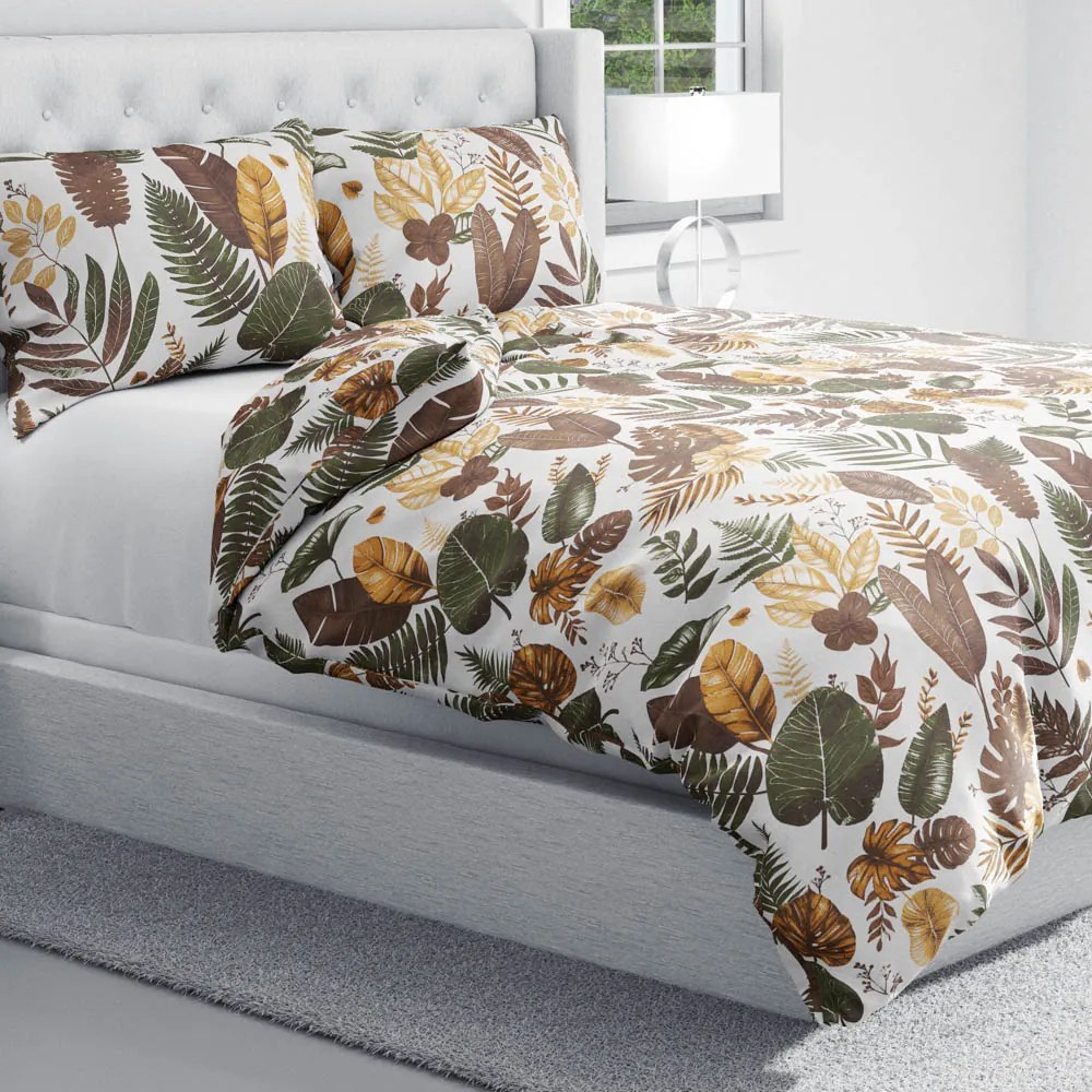 Biante Bavlnené posteľné obliečky Sandra SA-540 Hnedo-zelené listy na bielom Jednolôžko 140x200 a 70x90 cm