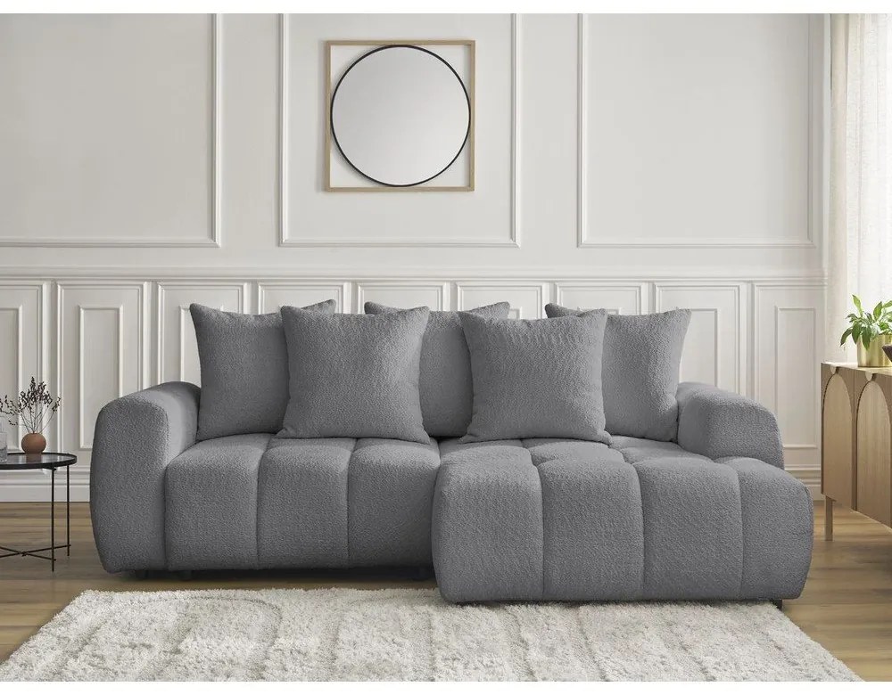 Sivá rozkladacia/s úložným priestorom rohová pohovka z textílie buklé (pravý roh/s leňoškou) Roxelane – Bobochic Paris