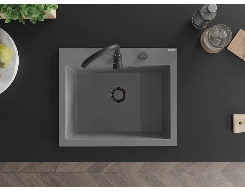 Mexen Elix, 1-komorový granitový drez 600 x 500 mm, sivý, čierny sifón - 6525601005-71-B