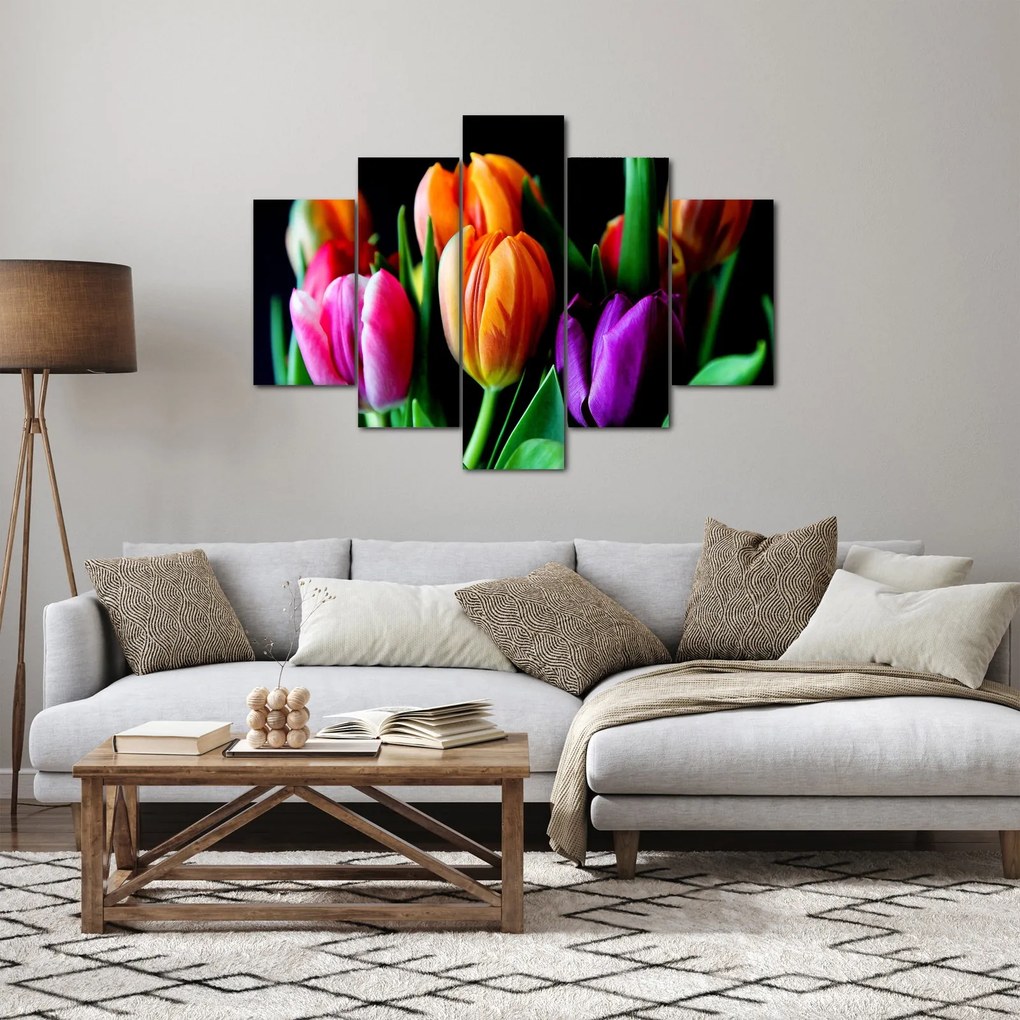 Obraz tulipánov na čiernom pozadí (150x105 cm)