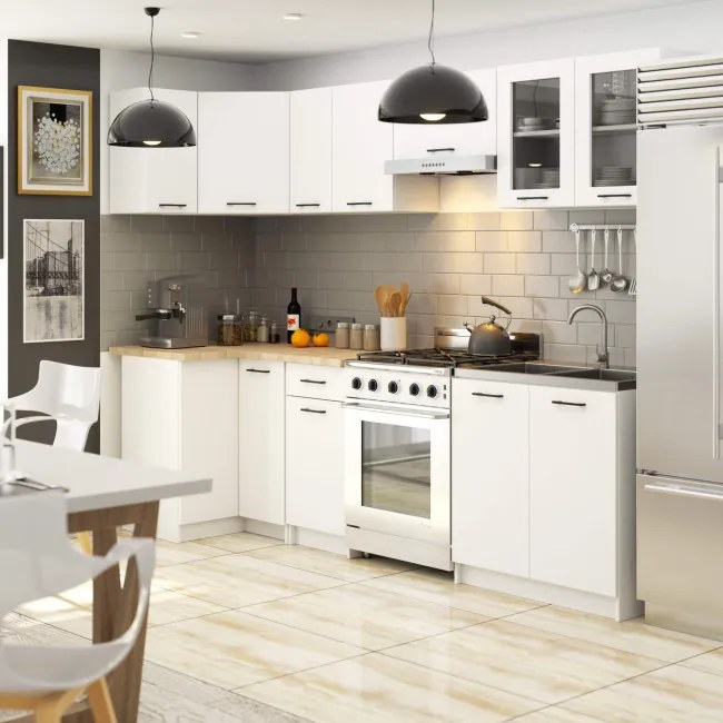 Rohová kuchynská linka OLIVIA 3 m s vitrínou biela