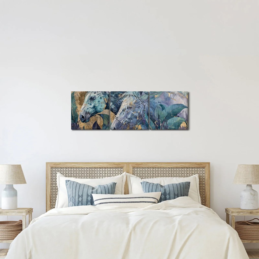 Obraz - Kone so zlatým pozadím (s hodinami) (90x30 cm)