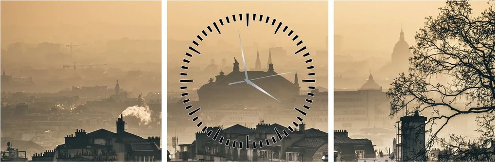 Obraz - Mesto pod hmlou (s hodinami) (90x30 cm)