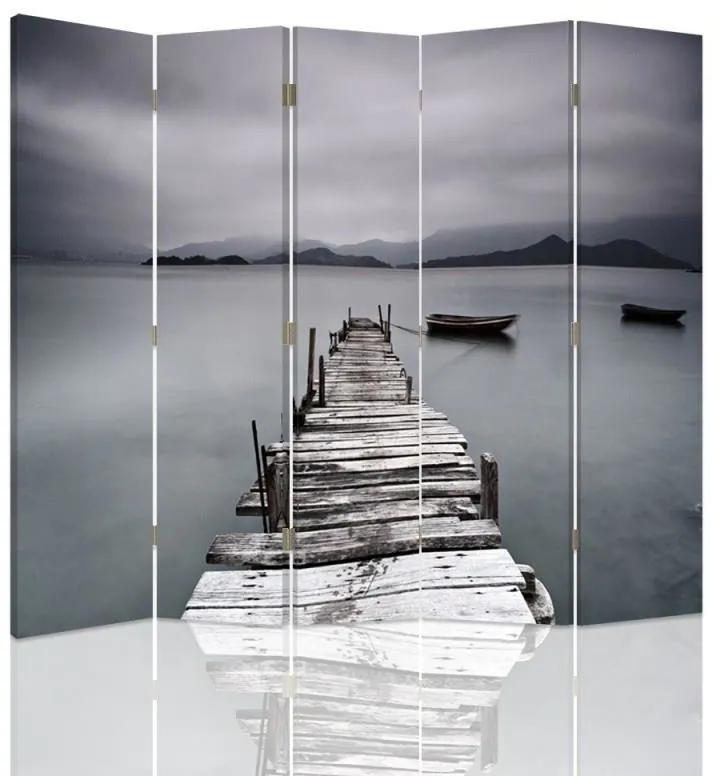Ozdobný paraván, Most v šedé barvě - 180x170 cm, päťdielny, klasický paraván