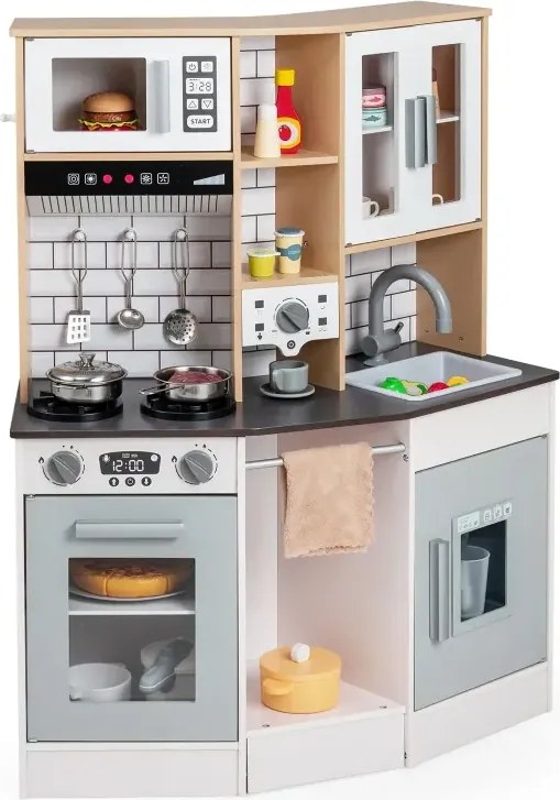Detská kuchynka z dreva Detská kuchynka so svetlom, zvukom, sporákom, drezom, odsávačom pár a výrobníkom ľadu, sivá