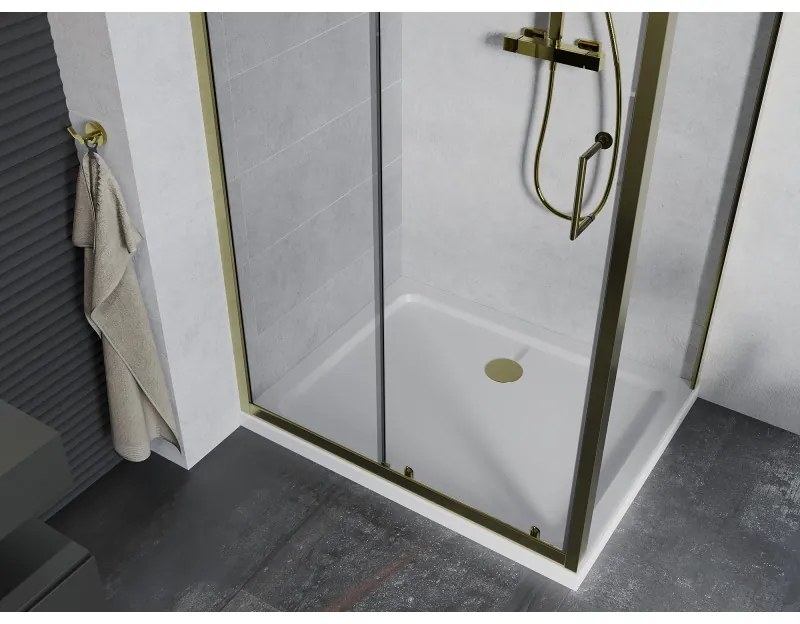 Mexen Apia, sprchový kút s posuvnými dverami 90 (dvere) x 70 (stena) cm, 6mm číre sklo, zlatý profil + biela sprchová vanička SLIM, 840-090-070-50-00-4010G