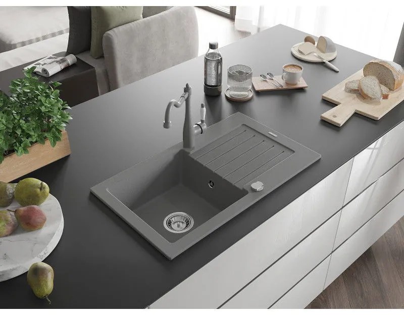 Mexen Pablo, 1-komorový granitový drez 752x436x161 mm a drezová batéria Carla, šedá, 6510-71-670700-71