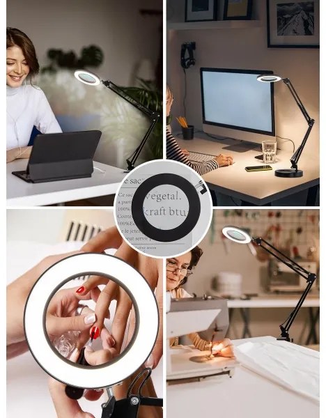 Brilagi - LED Stmievateľná stolná lampa s lupou LED/12W/5V 3000/4200/6000K čierna