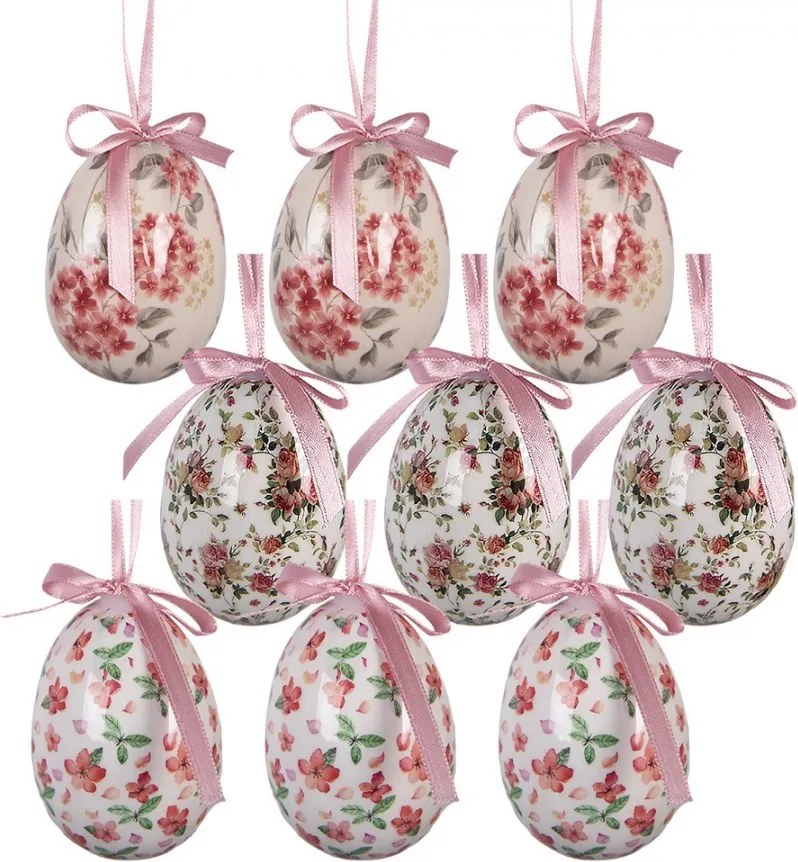 9ks dekorácia biele závesné vajíčko s kvetmi Spring Egg - Ø 5*8 cm