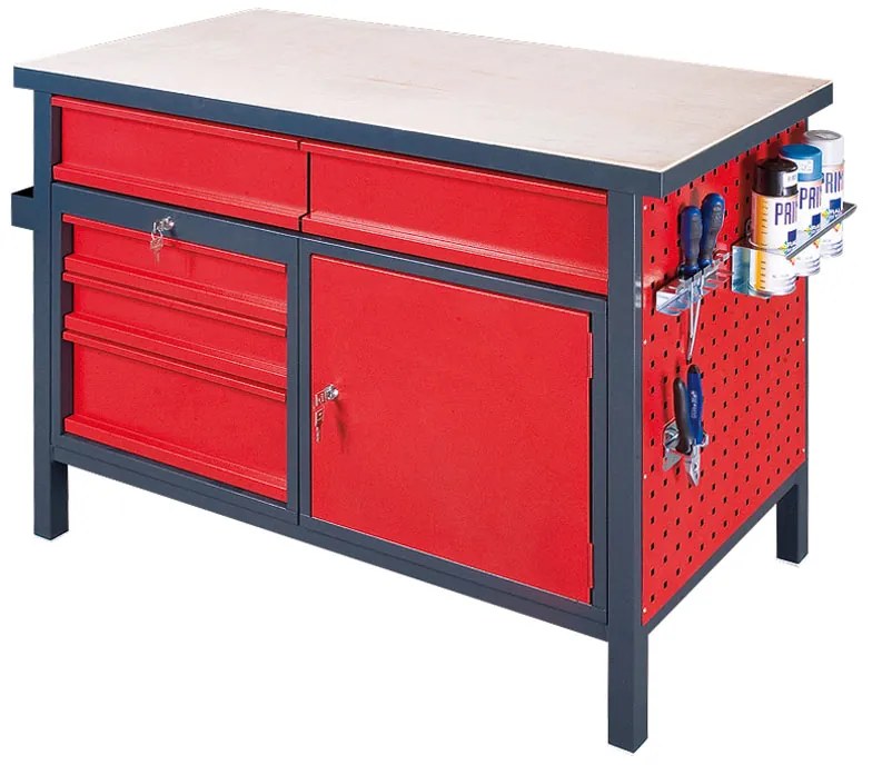 Dielenský pracovný stôl GD, 5 zásuviek, smrek + buková preglejka, 5 zásuviek, 1 skrinka, 1190 x 600 x 850 mm, antracit/červená