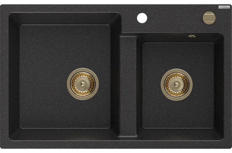 Mexen Tomas, granitový drez 800x500x190 mm, 2-komorový, čierna-strieborná metalíza so zlatým sifónom, 6516802000-73-G