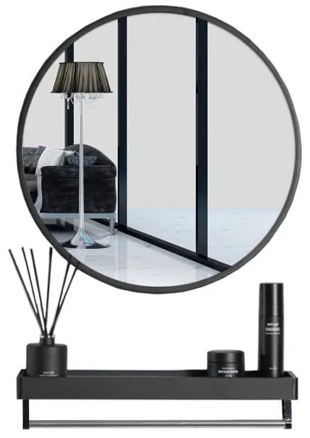 Okrúhle zrkadlo s policou 80cm, čierne