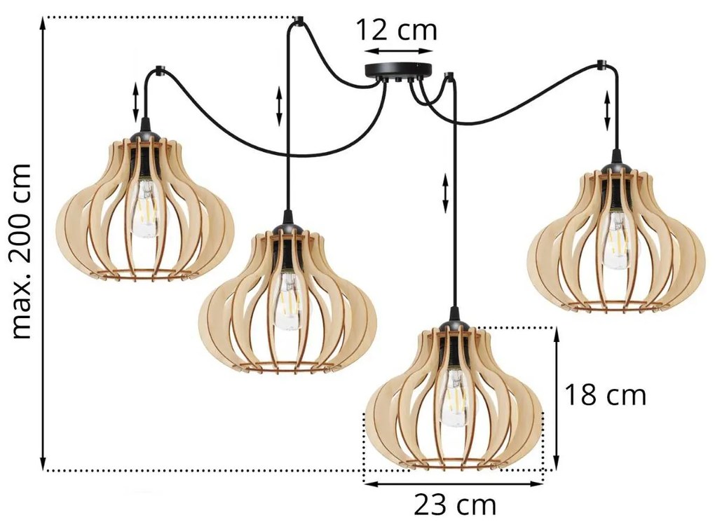 Závesné svietidlo Timber Spider 3, 4x drevené tienidlo