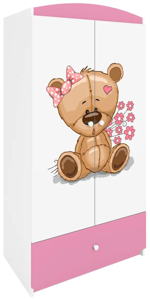 Detská skriňa Babydreams 90 cm medveď s kvetmi ružová