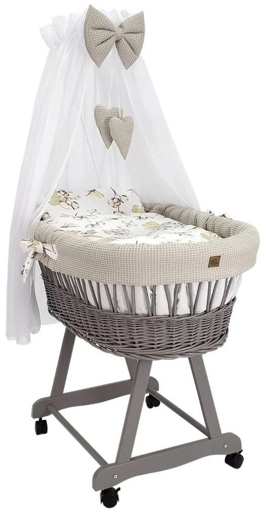 PRÚTENÁ POSTIEĽKA PRE BÁBÄTKO S BALDACHÝNOM ŠEDÁ + BÉŽOVÉ OBLIEČKY